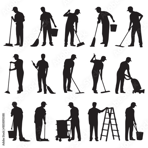 Silhouettes of Cleaners Performing Various Tasks