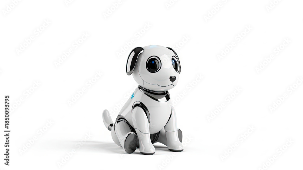 Fototapeta premium Cute Robotic Dog Sitting on White Adorable AI Pet Companion with Expressive Eyes. Technology and Innovation