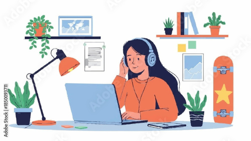Young woman wearing headphones working or studying on a laptop at a cozy desk with plants, a lamp, and a skateboard.