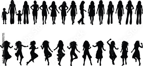 Collection of women and girls silhouettes in various poses, standing and jumping actions, dancing movement set, isolated black vector illustration