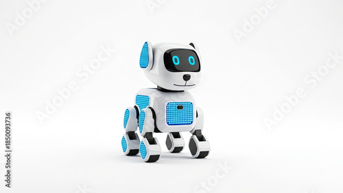 Cute robot dog with bright blue glowing eyes and panels, symbolizing AI, technology, and companionship on a clean white