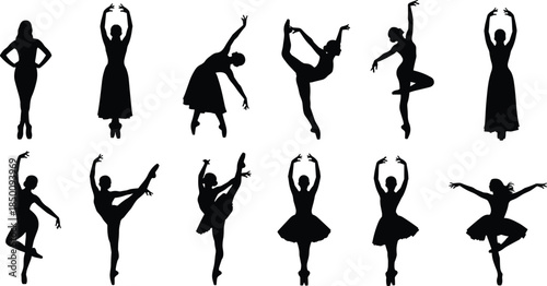 Elegant ballerina silhouettes performing diverse ballet poses, graceful dance movements, artistic dancer figures, classical choreography shapes, isolated black silhouette illustration