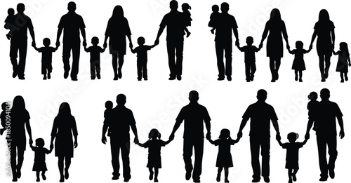 Silhouette family walking together with children, parent child relationship concept, happy family unity, childhood bonding, parenthood lifestyle on white background