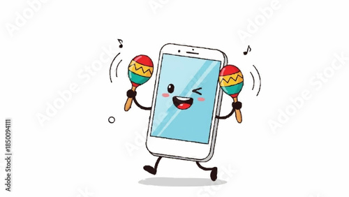Cute and happy cartoon smartphone character with a winking face, arms, and legs, dancing and playing colorful maracas happily.