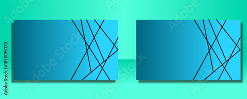Two abstract blue gradient business cards with intersecting black lines on a teal background, modern design.