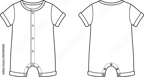 PrintBaby romper flat sketch illustration, short sleeve one piece garment vector, fashion clothing design outline icon, apparel technical drawing graphic, infant style art