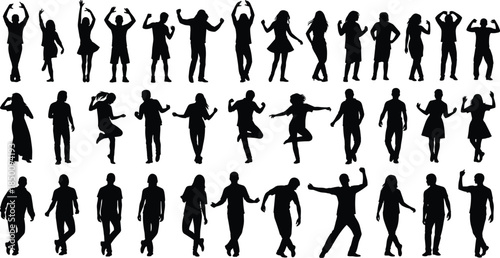 Silhouette people dancing and posing in dynamic standing gestures, diverse human figure collection, expressive movement poses, modern lifestyle illustration on white background