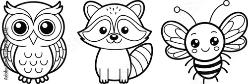 PrintCartoon animal illustration flat sketch drawing, owl raccoon bee vector, children coloring book design outline icon, cute wildlife graphic art