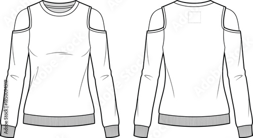 PrintCold shoulder top flat sketch illustration, long sleeve garment vector, fashion clothing design outline icon, apparel technical drawing graphic, modern style symbol art