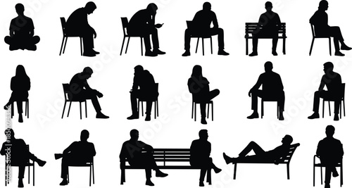 Silhouette people sitting on chairs and benches, relaxed and thoughtful poses, casual lifestyle concept, waiting and resting human figures on white background