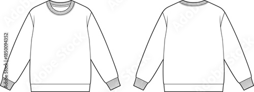 PrintCrewneck sweatshirt flat sketch illustration, ribbed cuffs garment vector, fashion clothing design outline icon, apparel technical drawing graphic, casual style symbol art