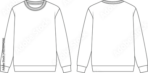 PrintCrewneck sweatshirt flat sketch illustration, ribbed neckline garment vector, fashion clothing design outline icon, apparel technical drawing graphic, casual style symbol art