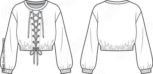 PrintCropped sweatshirt flat sketch illustration, lace up front garment vector, fashion clothing design outline icon, apparel technical drawing graphic, trendy style symbol art