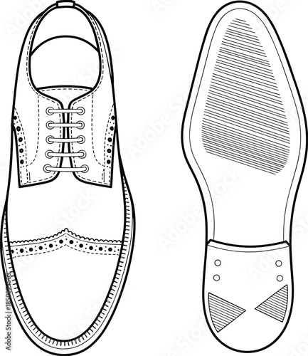 Print  
Dress shoe flat sketch illustration, formal footwear fashion vector, lace up design outline icon, leather sole technical drawing, brogue style symbol art