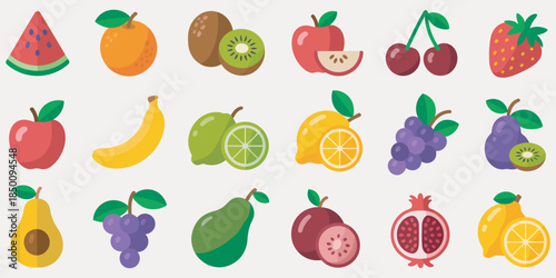 Fruit Icons Modern Flat Style with Vibrant Colors