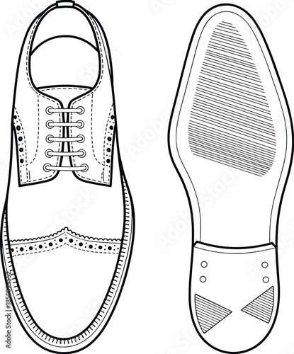 PrintDress shoe flat sketch illustration, brogue footwear fashion vector, lace up design outline icon, leather sole technical drawing, formal style symbol art