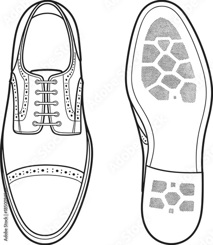 PrintDress shoe flat sketch illustration, footwear fashion vector, lace up design outline icon, leather sole technical drawing, formal style symbol art