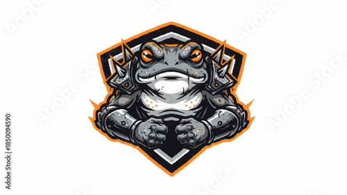 Powerful gray toad warrior mascot in spiked metal armor, clenching its fists inside a modern orange and black shield emblem.