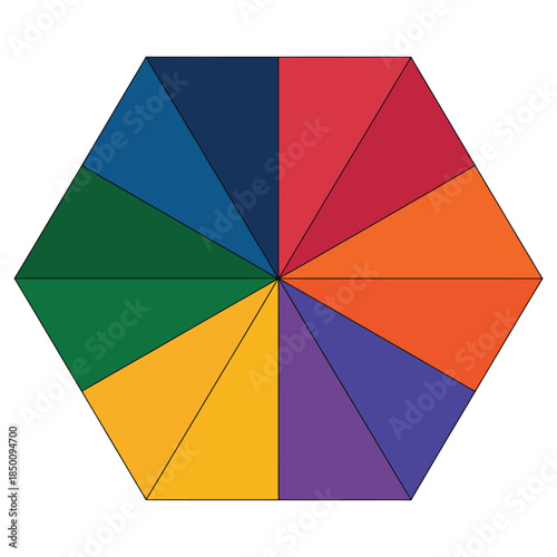 Colorful hexagon divided into eight equal triangular sections