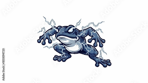 Dynamic illustration of a powerful gray-blue frog monster crackling with white and blue electrical energy, posed for action.