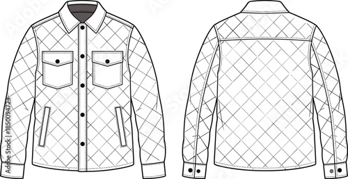 PrintQuilted jacket flat sketch illustration, diamond pattern outerwear vector, fashion clothing design outline icon, apparel technical drawing graphic, classic style symbol art