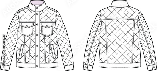 PrintQuilted jacket flat sketch illustration, diamond pattern outerwear vector, fashion clothing design outline icon, apparel technical drawing graphic, structured style symbol art