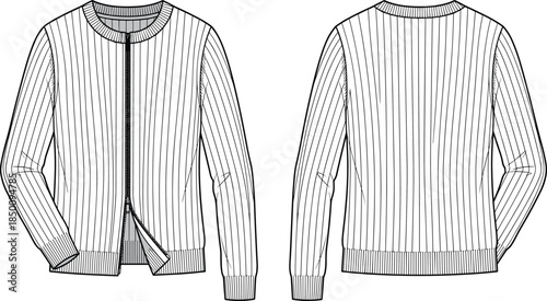 PrintRibbed knit cardigan flat sketch illustration, zipper front sweater vector, fashion clothing design outline icon, apparel technical drawing graphic, modern style symbol art