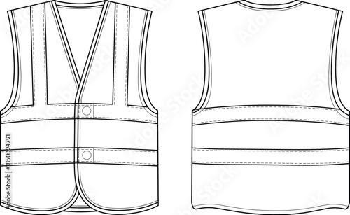 PrintSafety vest flat sketch illustration, reflective garment vector, apparel clothing design outline icon, construction uniform technical drawing, protective workwear symbol art