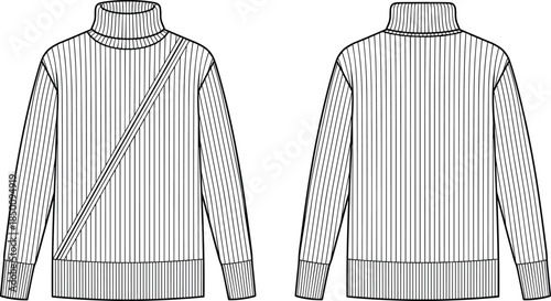 PrintTurtleneck sweater flat sketch illustration, ribbed knitwear garment vector, fashion clothing design outline icon, apparel technical drawing graphic, textile construction symbol art