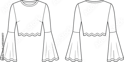 PrintWomen cropped blouse flat sketch illustration, bell sleeve garment vector, fashion clothing design outline icon, apparel technical drawing graphic, scalloped hem trendy art
