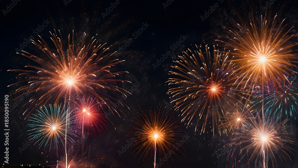 Naklejka premium Large multi-colored fireworks displays blooming in the dark night sky with vibrant orange and blue bursts. Festive celebration concept