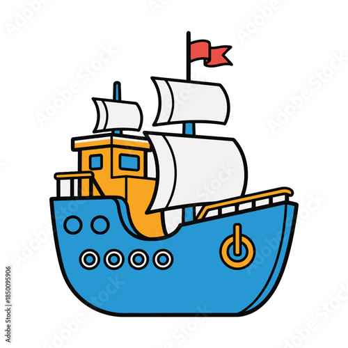 Colorful cartoon ship with blue hull and yellow cabin sailing with white sails and red flag