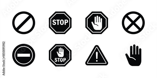 STOP icon set. Containing warning, prohibition, stop, hand, danger, no entry, alert, road, barrier sign. Flat vector illustration