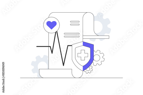 Health insurance. Checklist shield, medical program, annual checkup. Heart. Flat Cartoon Vector Illustration, icon Stylish abstract design landing page web