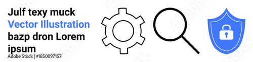 Gear for processes, magnifying glass for search, and shield with lock for security. Ideal for technology, cybersecurity, process improvement, software, research, protection and simple landing page