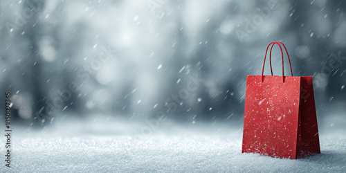 Christmas shopping red bag snow winter background festive magic scene
