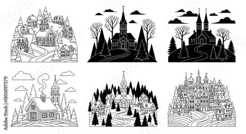 Cozy Winter Village Landscapes Line Art and Silhouette Graphics Set Rural Town Scenes with Churches and Forest Roads