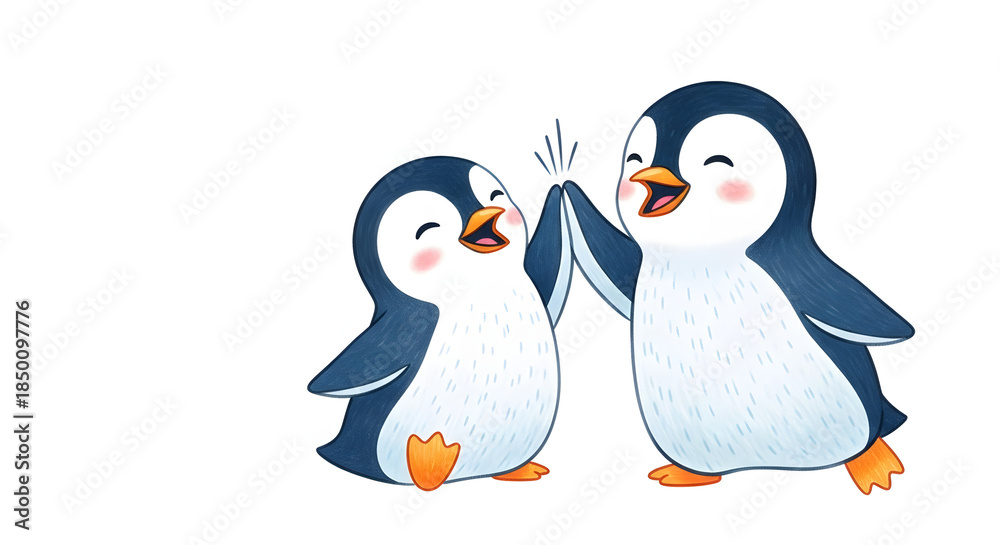 Fototapeta premium Cute cartoon penguins giving a high five. Happy friends celebrating success and teamwork. Adorable animal characters isolated on white background