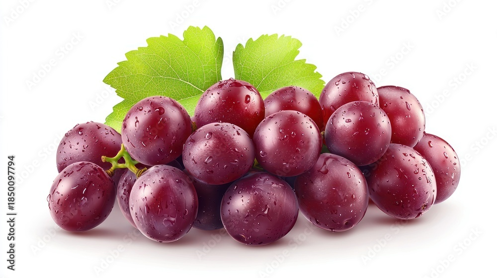 Fototapeta premium Fresh red grapes with green leaves