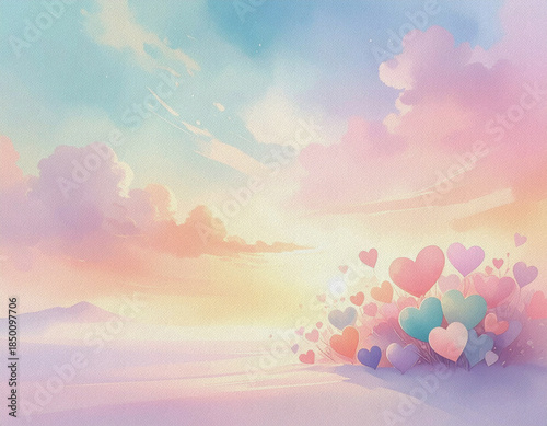 Dreamy watercolor landscape with pastel sky clouds and sweet multicolored floating hearts