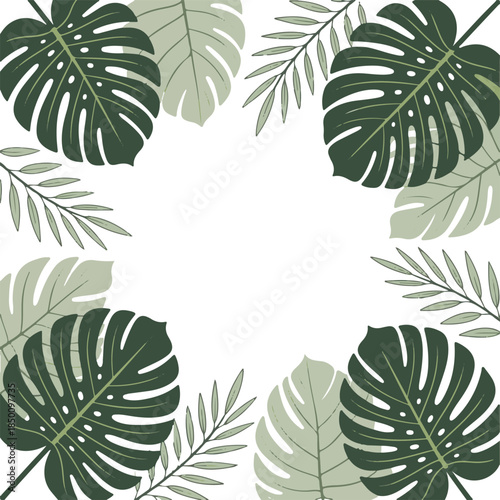 Tropical Foliage Square Frame with Monstera and Palm Leaves on White Background with Copy Space