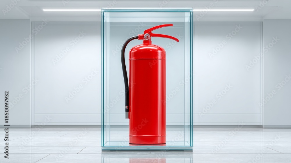 Obraz premium Bright red fire extinguisher stands prominently in a glass display case, highlighting safety in a contemporary indoor environment. Its secure placement ensures easy access in emergencies