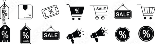 Sale discount shopping icons set featuring price tags carts megaphones percentage symbols promotion marketing retail line vector illustration