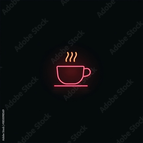 Neon Coffee Cup Sign Glowing on Dark Background