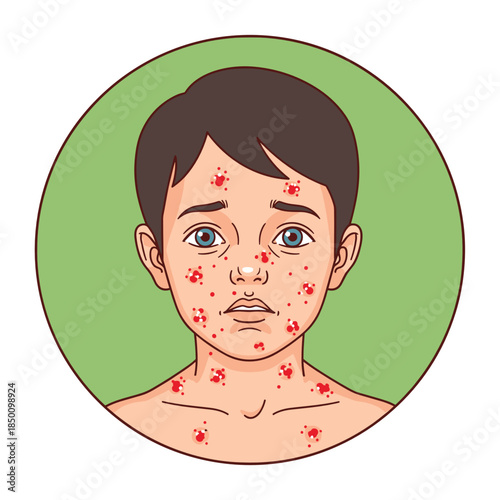 Young boy with chickenpox showing discomfort on green background  