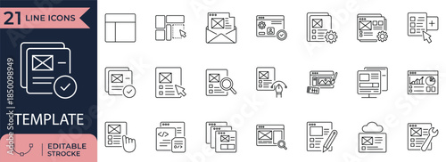 Web template vector icons for wireframe layout, site structure, and dashboard design. Features editable interface graphics.
