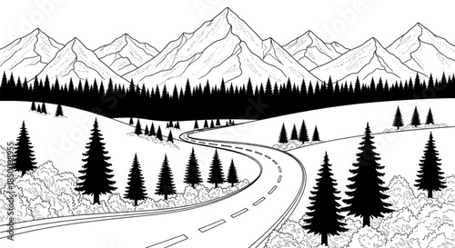 Winding Mountain Road Through Pine Forest Landscape Vector Illustration for Travel and Adventure Design