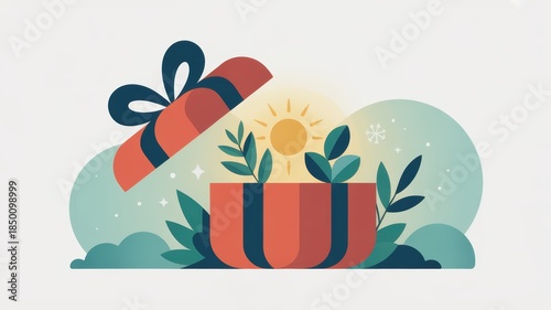 Gift box with growing plants and sunny background