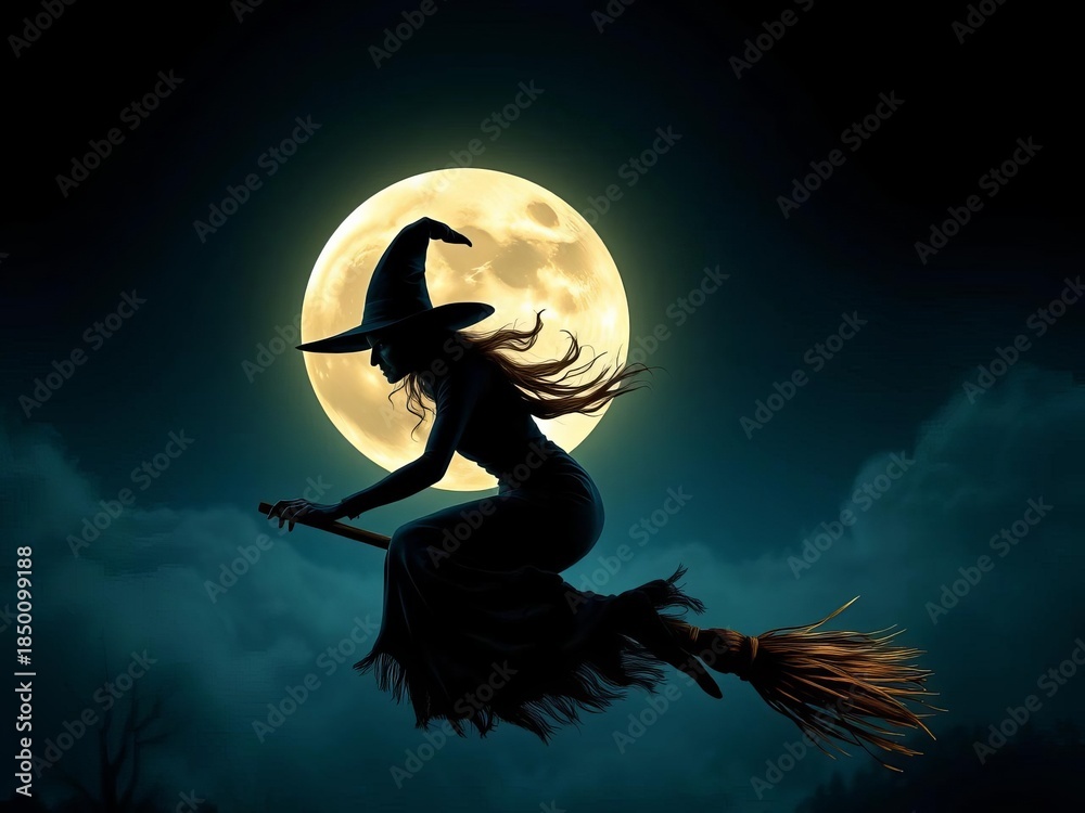 Fototapeta premium Wicked witch flying on broomstick against full moon, dark, spooky