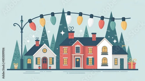 Colorful houses with Christmas lights on a festive street